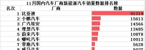 11月份新能源汽车销量排名